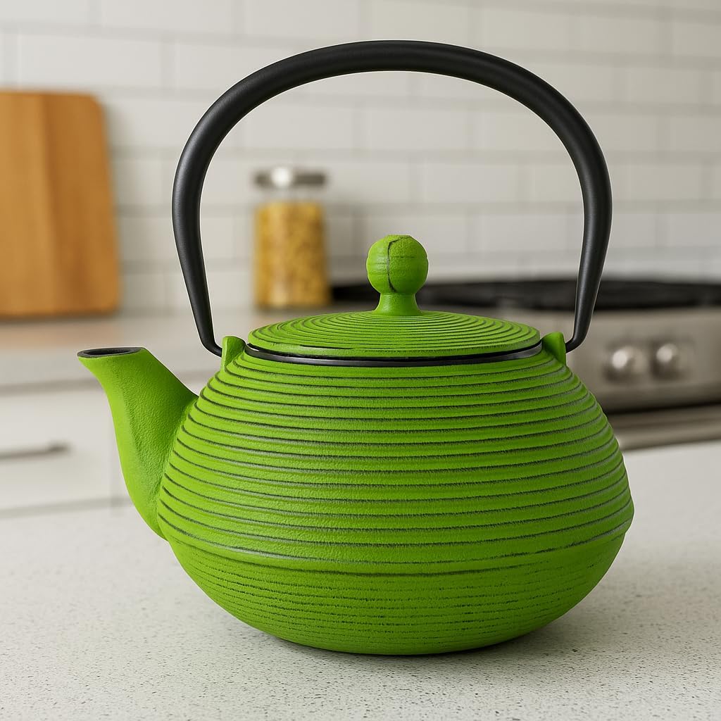 Green Ribbed Cast Iron Teapot (20 oz): A Fusion of Style, Durability, and Tea - Brewing Excellence