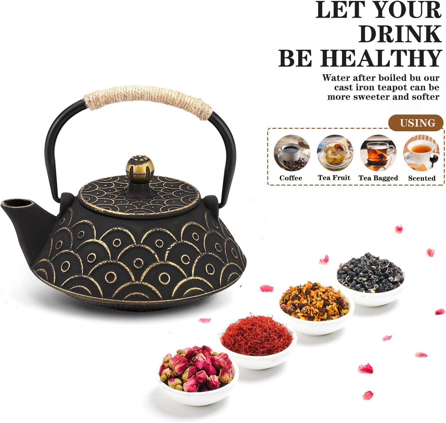 Black Cast Iron Teapot with Golden Scale Pattern: Elevate Your Beverage Experience