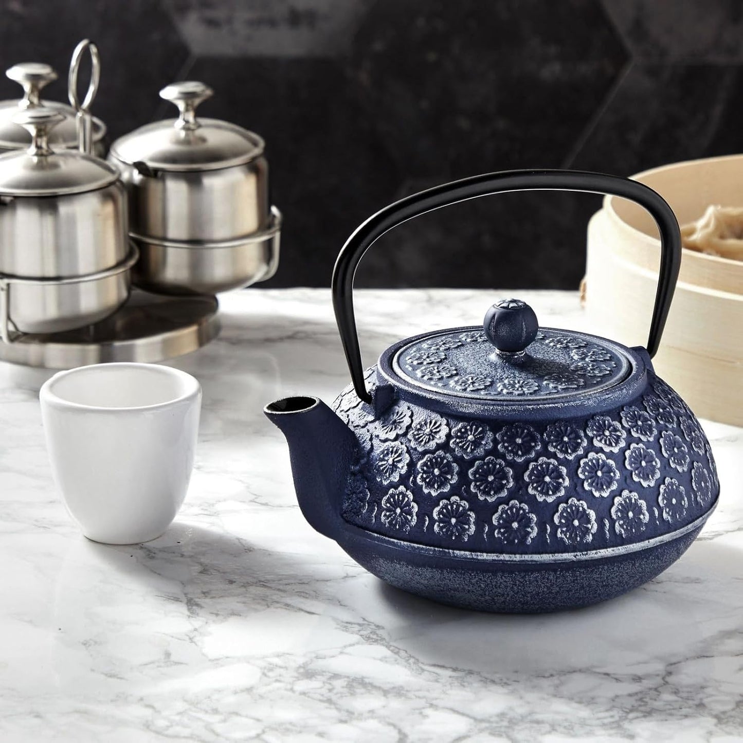 Blue Floral - Embossed Cast Iron Teapot: A Symphony of Craftsmanship, Aesthetics, and Tea - Brewing Excellence