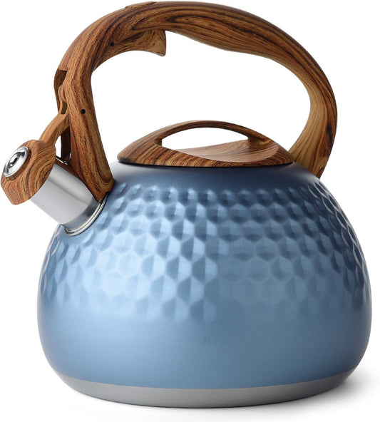Blue Hammered Stainless Steel Teapot with Wooden Accents: A Harmony of Style, Function, and Innovation