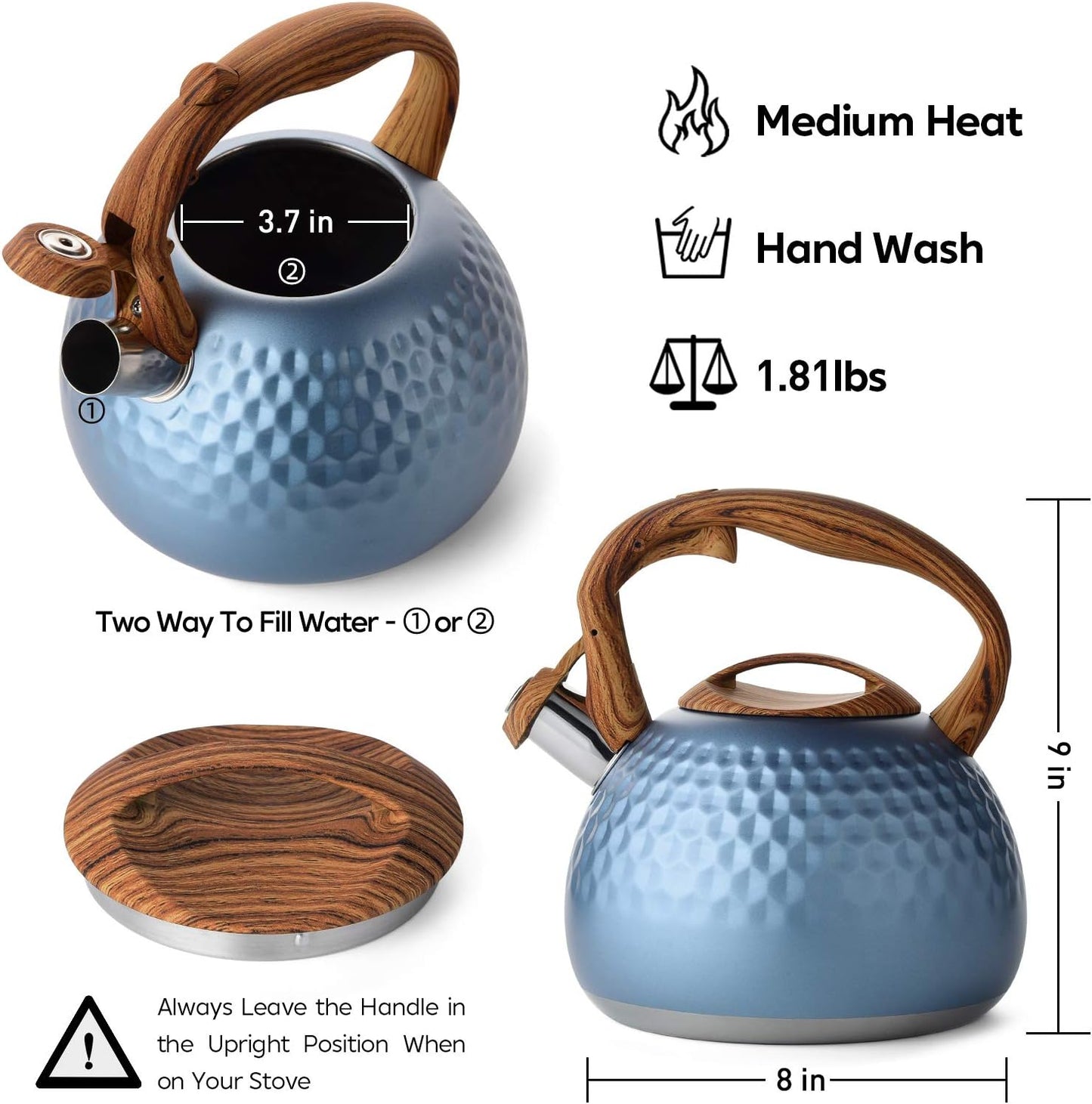 Blue Hammered Stainless Steel Teapot with Wooden Accents: A Harmony of Style, Function, and Innovation