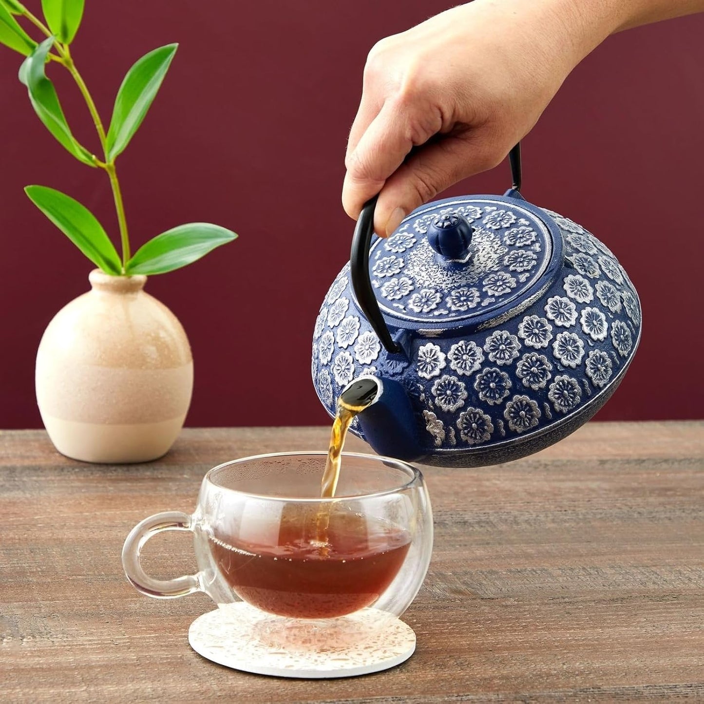 Blue Floral - Embossed Cast Iron Teapot: A Symphony of Craftsmanship, Aesthetics, and Tea - Brewing Excellence