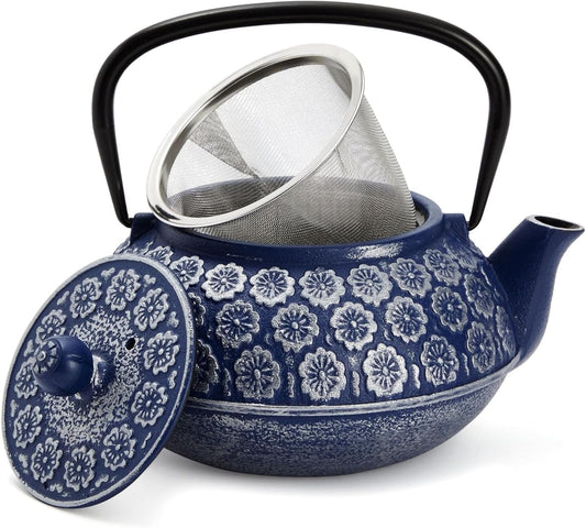 Blue Floral - Embossed Cast Iron Teapot: A Symphony of Craftsmanship, Aesthetics, and Tea - Brewing Excellence